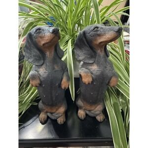 2 Vintage SANDICAST 10" 370 Black DACHSHUND Sitting Hand painted USA 1990